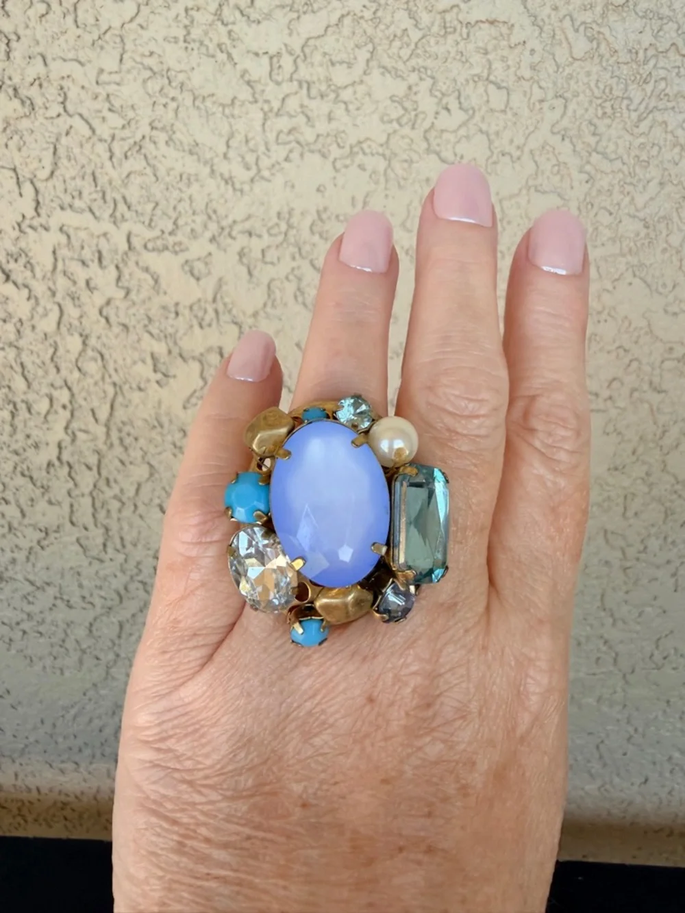 Bold Lavender Multistone Statement Ring with Aqua and Pearl Accents